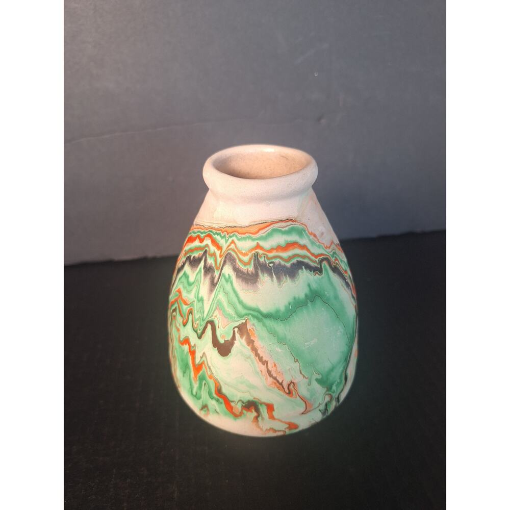 Nemadji Pottery Swirl Vase USA Green Orange Marbleware Mission Drip Art Pottery
